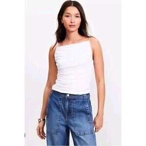 LOFT White Ruched Apron Neck Tank Top NWT Size Large Slimming Capsule Wardrobe